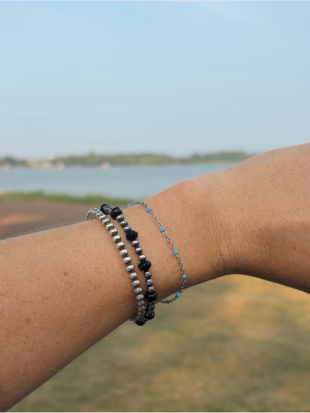 Faceted Black Bead & Sterling Silver Pearl Bracelet